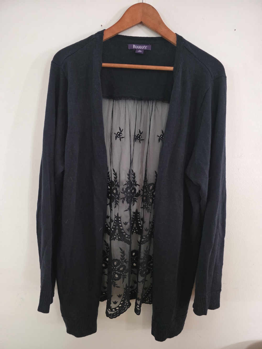 Roaman's Black Open-Front Cardigan with Embroidered Lace Back